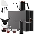MAVO Pour Over Coffee Maker Set, 12 in 1 Set Box, Manual Coffee Grinder, Pour Over Kettle, Ceramic Pour Over Coffee Dripper with Tray, Glass Coffee Servers, Coffee Cup, Paper Coffee Filter, Black