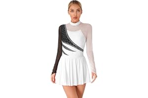 Jugaoge Damen Eiskunstlauf Kleider Langarm Kürkleid Glitzer Tanzkleider Mesh Spleiß Gymnastikanzug Turnanzug mit Tutu Röckchen
