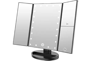 WEILY Espejo de Maquillaje, 1x / 2X / 3X Espejo de Maquillaje de Tres Pliegues con 21 Luces LED y Pantalla táctil Ajustable Espejo Iluminado Tocador Espejos cosméticos de encimera (Negro)