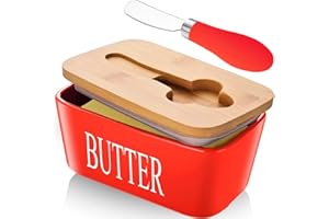 CCHONG Ceramic Butter Dish with Lid and Knife Porcelain Butter Container with Butter Cutter Butter Knife Easy Spread Kitchen Accessories Tableware (Red)