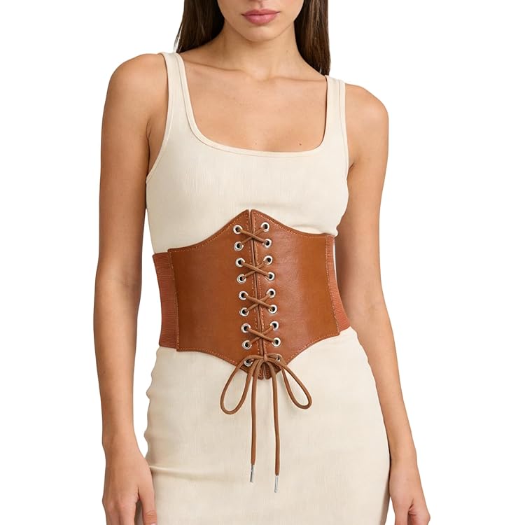 Ceinture Large Femme Pour Robe Kitnelw Corset Femme Marron Corset Ceinture À Lacets Pour Chemise Robe FêTe Jupe Tenue Cosplay Costume Halloween 2 Pièces Ceinture En Cuir Corset - 10