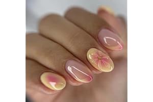 GlamRays Press on Nail Short Almond French Tip False Nail with Design 3D Flower Yellow & Pink Stick on Nail Glossy Adhesive Nails Acrylic Nails 24 Pieces