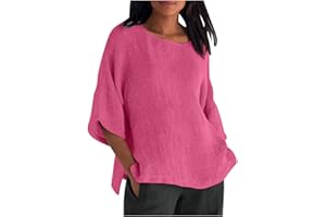 Susenstone Chemisier en Coton et Lin à Manches 3/4 pour Femme Blouses Ample à Col Rond Tunique D'été Printemps Couleur Unie Top Hauts Lâche Respirant T-Shirts Grande Taille Pas Cher Tunique Blouse