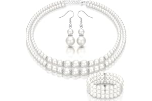 QESSUVNC Faux Pearls Jewelry Set, 1920s Pearls Necklace and Earring Set Pearl Bracelet Pearl Jewellery Sets for Women Ring Bracelet and Stud Earrings 1920s Jewellery for Women Wedding Birthday Gifts