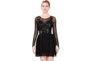 FYMNSI Damen Tanzkleid Eiskunstlauf Langarm Kleid Rollkunstlauf Wettbewerb Tanzanzug mit Pailletten Blumen Mesh Chiffon Rock Ballettkleid