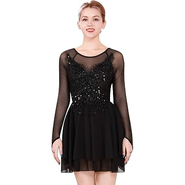 XIUWOUG Eiskunstlauf Kleid – Schwarz Mit Strass, Langärmelig Für Frauen & Mädchen (Größen 8 Bis XXL)