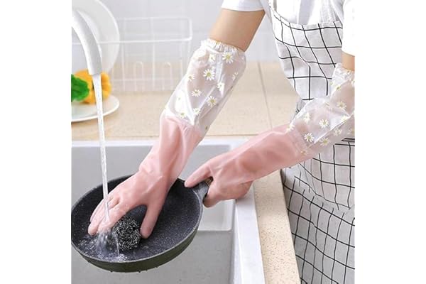 TEKCOOL Reusable Heavy Duty Hand Gloves for Dishwashing, Gardening, Kitchen Cleaning Non-Slippery & Durable Long Elbow Length(Inner Cotton Lining for Comfort), Pack of 1 Pair (Pink).
