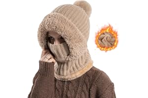 GENERIC Winter Warm Knitted Cap with Neck Warmer, 2025 New Balaclava Hat Scarf Mask, Hat and Scarf Set for Women, Womens Winter Knit Beanie with Hairball