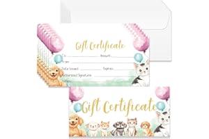 Doodlream 40 Sets Gift Certificate for Business, Blank Gift Cards Certificates with Envelopes, 17 x 8.5 cm Cute Cat Dog Cards Vouchers for Holiday, Birthday, Restaurant, Spa Beauty Makeup Hair Salon
