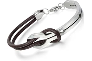 Flongo Pulsera Cuero Símbolo Infinito: Pulsera de Acero Inoxidable con Cordón de Cuero con Hebilla Ilimitada Cumpleaños para Hombre Mujer Marrón