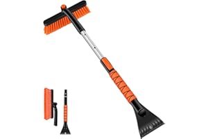 Odoland Car Snow Brush with Ice Scraper 86cm Extendable Car Snow Remove Tools for Car Windshield with Foam Grip and 360° Pivoting Brush Head for Christmas Car Auto Truck SUV, Orange