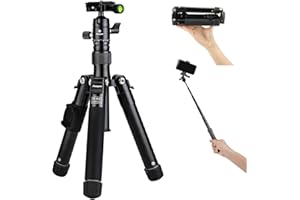 Fotopro Lekki kompaktowy statyw podróżny, wielofunkcyjny mini statyw z aluminiową głowicą kulową, zdejmowany kij do selfie, składany tylko 21,8 cm, maksymalne obciążenie do 3 kg, czarny
