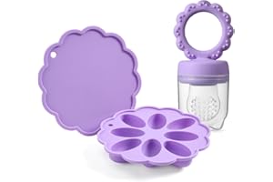 LILGOO Baby Fruit Food Feeder & Mini Popsicle Ice Tray Set, BPA Free Silicone Baby Feeder for Safe Solid Food Feeding, Breastmilk Popsicle Molds for Cooling Relief, 4 Month+ (Taro Purple Set)