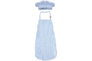 Jennice House Kids Apron and Chef Hat Set, Cute Children Baking Aprons for Boys and girls Cooking Artists Painting Gardening Aprons (Blue Gingham, Large)