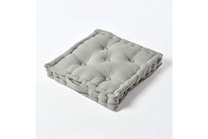 HOMESCAPES Luxury Floor Cushion Plain 100% Cotton Grey 40 x 40 x 8cm, Booster Cushion Seat Chair Pad Dining Thick & Plush Garden Floor Pillow for Kids Elderly Pets Indoor Outdoor Use