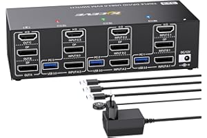 ESKEVE KVM Commutateur KVM 3 PC 3 moniteurs 8K @ 60Hz 4K @ 144Hz, Triple écran HDMI + 2 Displayport Commutateur KVM pour 3 PC, 3 moniteurs et 4 appareils USB 3.0, avec bloc d'alimentation 12 V DC,
