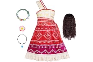 DiULi Costume Déguisement Fille Moana Enfant Complet Robe avec Collier Couronne Barrette et Perruque pour Fille 4-10 Ans (110-150 cm)Déguisement Fête Carnaval Anniversaire Confortable Inspiré des Îles