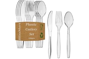 BlissMart 150 Pcs Heavy Duty Clear Plastic Cutlery Set Premium Quality Washable & Reusable 50 Spoons, 50 Forks, 50 Knives Set Perfect for for All Occasion Birthday Parties Weddings Camping