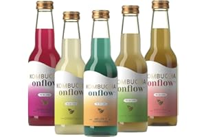 Kombucha Natural Onflow, Té Kombucha Sin Azúcar, Sabores: Jenjibre-Limón, Té Verde, Mango-Remolacha, Fruta de la Pasión, Cereza, Melón-Espirulina, Manzana-Canela, Pack 7 Botellas x 33cl