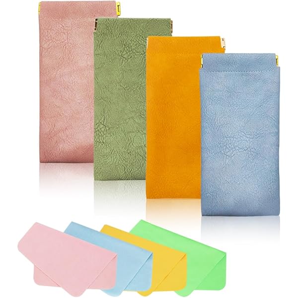 Set 4 Custodie Per Occhiali Rigide + 4 Panni In Microfibra - Blu, Verde, Arancione, Giallo - Design Con Gancio Per Trasporto - Foto 3