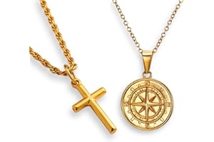 DVRK® Pack 2 Collares Hombre Bañados en Oro 18k con Base Acero Inoxidable 316L Resistentes al Agua - Cadena Oro Hombre, Cordón, Collar Figaro, Cruz, Crucifijo, Rope, Regalos