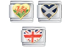 DAISY CHARM 3 Italian Charm Bundle Heart Shaped Welsh Flag, Scottish Flag and Union Flag Fits all 9mm Italian Style Charm Bracelets