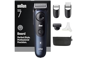 ‎BRAUN Braun Barttrimmer Series 7, Elektrischer Bartschneider Herren mit 6 Zubehörteile, Ultrascharfe ProBlade Klinge, 120 Min Akkulaufzeit, Kabelloser Bartrasierer, 40 Längen, Wasserdicht, BT7520, Blau