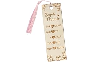 BOOMTOP Marque Page Grand-mère en Bois Signet Super Mamie Marque Page Personnalisé Rectangulaire avec Pompons Rose Cadeau Original pour Retraite Fête des Grands Mères Anniversaire Noël