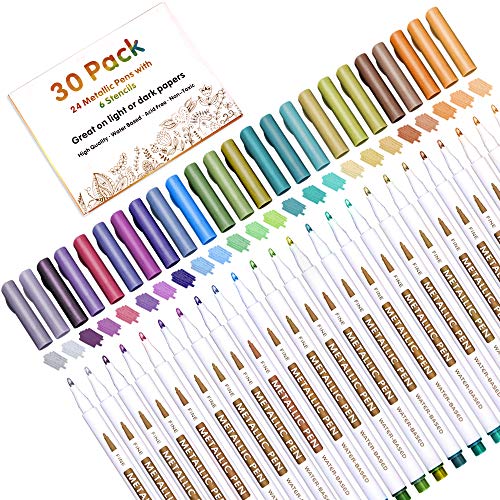 Paquet de 30 stylos marqueurs métalliques, Lineon 24 couleurs stylos à pointe fine avec 6 pochoirs pour bricolage album photo artisanat Rock Art peinture carte fabrication verre bois