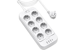 JSVER Multiprise Parasurtenseur,Bloc Multiprise 8 Prises avec 4 Ports USB Chargeur (3 USB A+1 USB C) Prise Multi Parasurtenseur Parafoudre et Surtension avec Interrupteur Cable 3M-Blanc