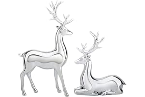 ESSECMBS 2PCS Reindeer Figurine Statue Silver Deer Sculpture Desktop Ornament Resin Elk Office Decoration Indoor Home Table Craft (Silver, 2Pcs)