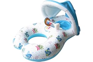 HONGCI Mother & Baby Newborn Swimming Float with Inflatable Sunshade Canopy, Swimming Ring, Swimming Pool Float Toy (Double Seat Boat for 6-36 Months Baby) - Yellow