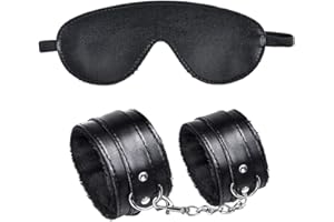 OZIRAL Kit de Esclavitud, Esposas Sexy + Máscara de Ojos de Cuero Bondage Juguetes Sexuales Eróticos para Adultos Pareja Negro