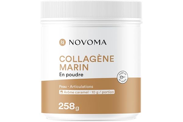 NOVOMA Collagène Marin Poudre Type 1 & 3, Peau Lisse & Articulations Souples, 10g par Portion, Cure de 25 jours, Breveté Naticol Avec Vitamine C, Pot de 258g Saveur Caramel, Made in France