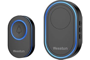 Wesstun Wireless Doorbell, IP67 Waterproof Plug in Doorbell Kits Operating at The Range of 300m with 39 Loud Melodies, 5 Levels Volume Adjust & LED Indicator, Easy Install at Home & Apartment, Black