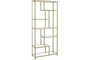 ‎VASAGLE VASAGLE Regał na książki, 6-poziomowy wysoki regał na książki, stojak na rośliny, półka ekspozycyjna, 30 x 80 x 180 cm, szkło hartowane, do gabinetu, biura, salonu, sypialni, kuchni, metaliczny złoty