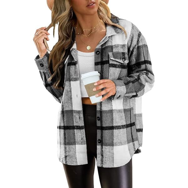 Women Flannel Plaid Shirt Jacket Long Sleeve Shacket With Hood Button Down Blouse Drawstring Fall Tops Casual Outfit - View #9