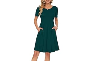 AUSELILY Damen Kurzarm Plissee Loose Swing Freizeitkleid mit knielangen Taschen