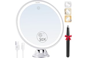 Auxmir Espejo Maquillaje con Luz LED, 30X Espejo Aumento con Ventosa, USB Recargable, 360 Giratorio, 3 Colores de Luz, Inalámbrico para Pared Baño Viaje, Afeitado Depilación Cejas, Redondo