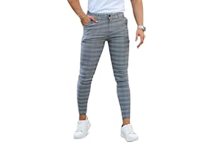 GINGTTO Men's Skinny Stretch Chinos Checked Smart Chino Trousers Slim Fit