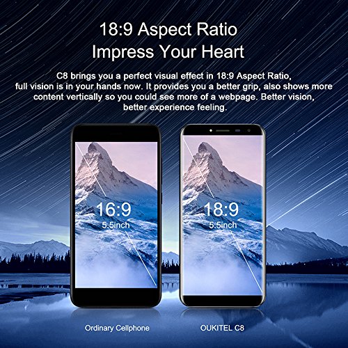 OUKITEL C8 - 3G Smartphone ohne Vertrag (5.5 Zoll, 18:9 Infinity Display, Android 7.0, MTK6580A Quad Core 1.3GHz, 2G RAM 16G ROM, Dual Kameras 13MP+5MP, WIFI, dual Blitzlichter, Fingerabdruk (schwarz)