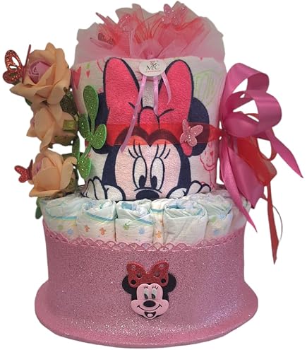 Torta Di Pannolini A Forma Di Triciclo Rosa – 48 Pannolini Mini 3-6kg, Parure Lenzuolini, Tazza, Bavaglia E Cosmesi, Made In Italy