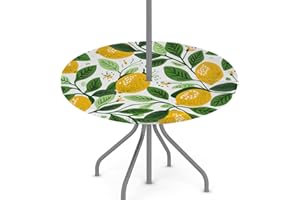 KNEMI Round Garden Table Cloth With Parasol Hole, Lemon Floral Outdoor Circular Fitted Tablecloth with Umbrella Hole Waterproof Elastic Edged Table Cover for Party Picnic, Fit for 36"-44" Round Tables