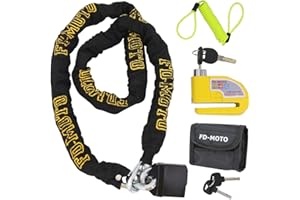 FD-MOTO 1.8M*10mm Steel Motorbike Chain Lock Padlock + Yellow Alarm Brake Disc Lock 7mm Pin + 1.5M Cable + Pouch