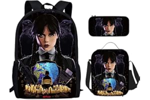 HAOYUNLAI Mercredi Sac à Dos, 3 pièces Trousse Cartable Mercredi Addams Sac à Dos avec Sac à Lunch et Trousse à Crayons, Mercredi Addams Sac À Dos D'école pour Adolescents Filles (Style 6, 16 Pouces)