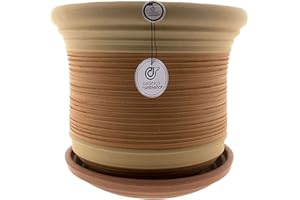 CR CERAMICA RAMBLEÑA CERÁMICA RAMBLEÑA | Maceta Grande Exterior | Suelo Campana Baja Rústica-Rayada Modelo J29 | Plato Incluido 33x33x30 cm