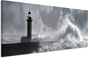 Paul Sinus Art Toile sur châssis - 150 x 50 cm - Motif : océan, tempête, vague, phare - Décoration murale sur toile - Panorama