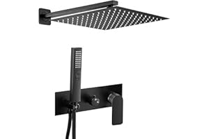 VALAZ Douche Encastrable | Mitigeur Douche 2 voies, Pulvérisateur Effet Pluie | Installation Murale Facile et Rapide | Inoxydable, Carré, Pulvérisateur 20 cm, Noir Mat, Série Miño
