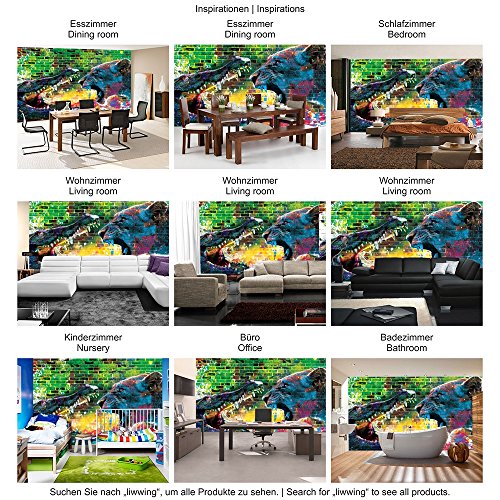 Vlies Fototapete PREMIUM PLUS Wand Foto Tapete Wand Bild Vliestapete – Steinwand Steine Graffiti Tiere Krokodil Löwe Zähne Gebiss Wasser – no. 1918, Größe: 254 x 184 cm Vlies - 6