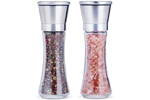 Lot de 2 moulins à sel et à poivre en acier inoxydable de qualité supérieure avec mouture réglable et corps en verre, salière et poivrière en acier inoxydable brossé